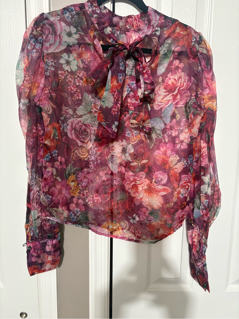 Sheer Floral Tie-Neck Blouse - Pink Floral